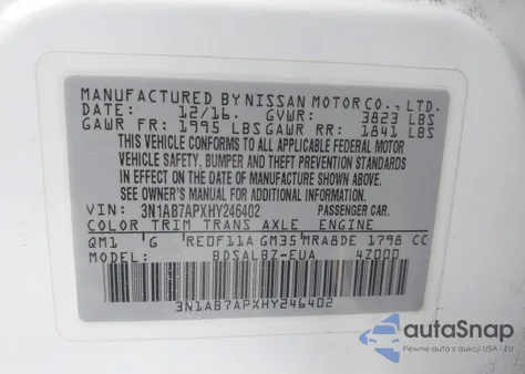 2017 Nissan Sentra S from USA, damaged, VIN 3N1AB7APXHY246402